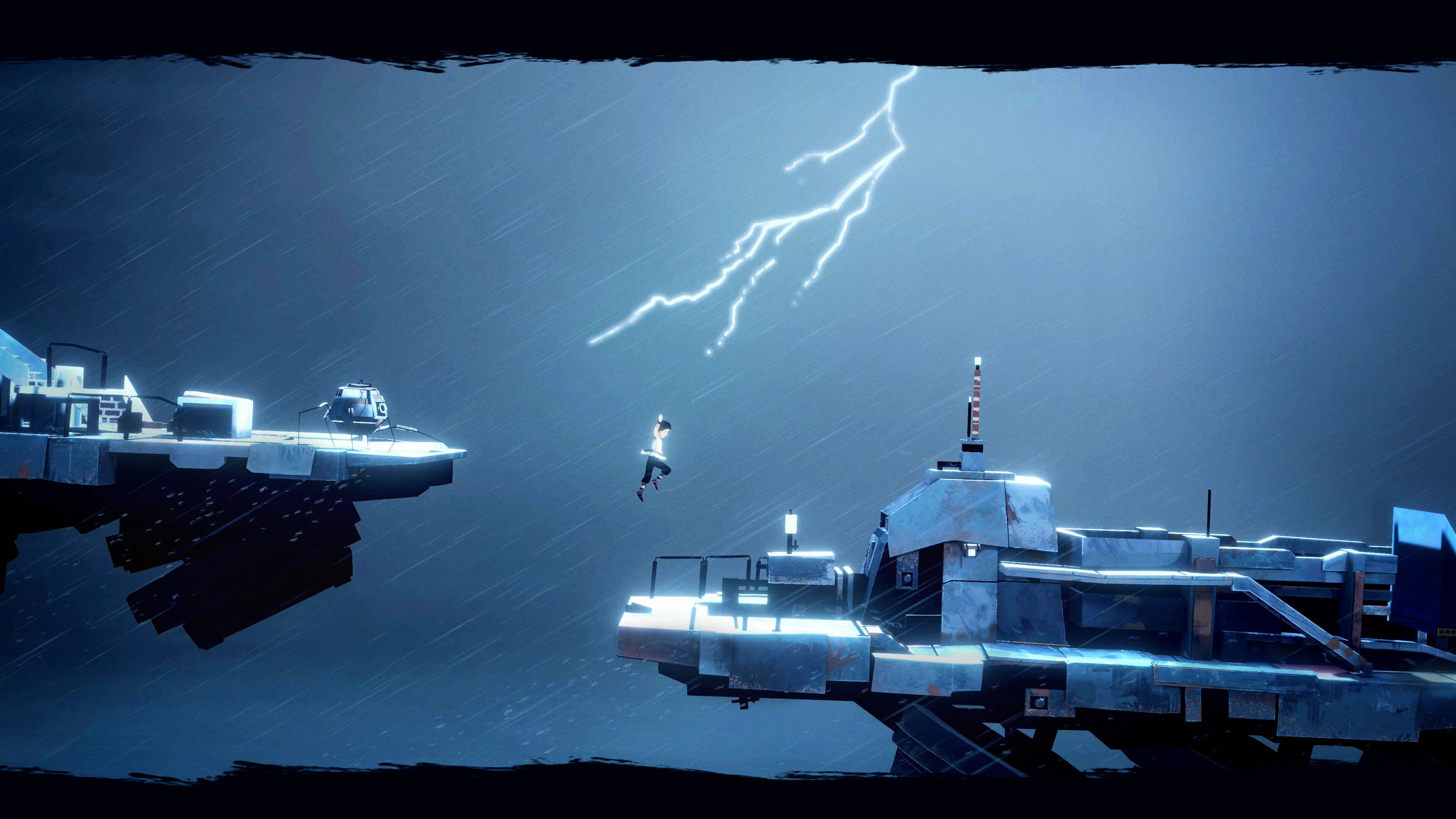 Lana is jumping of a platform while a robot is chasing her