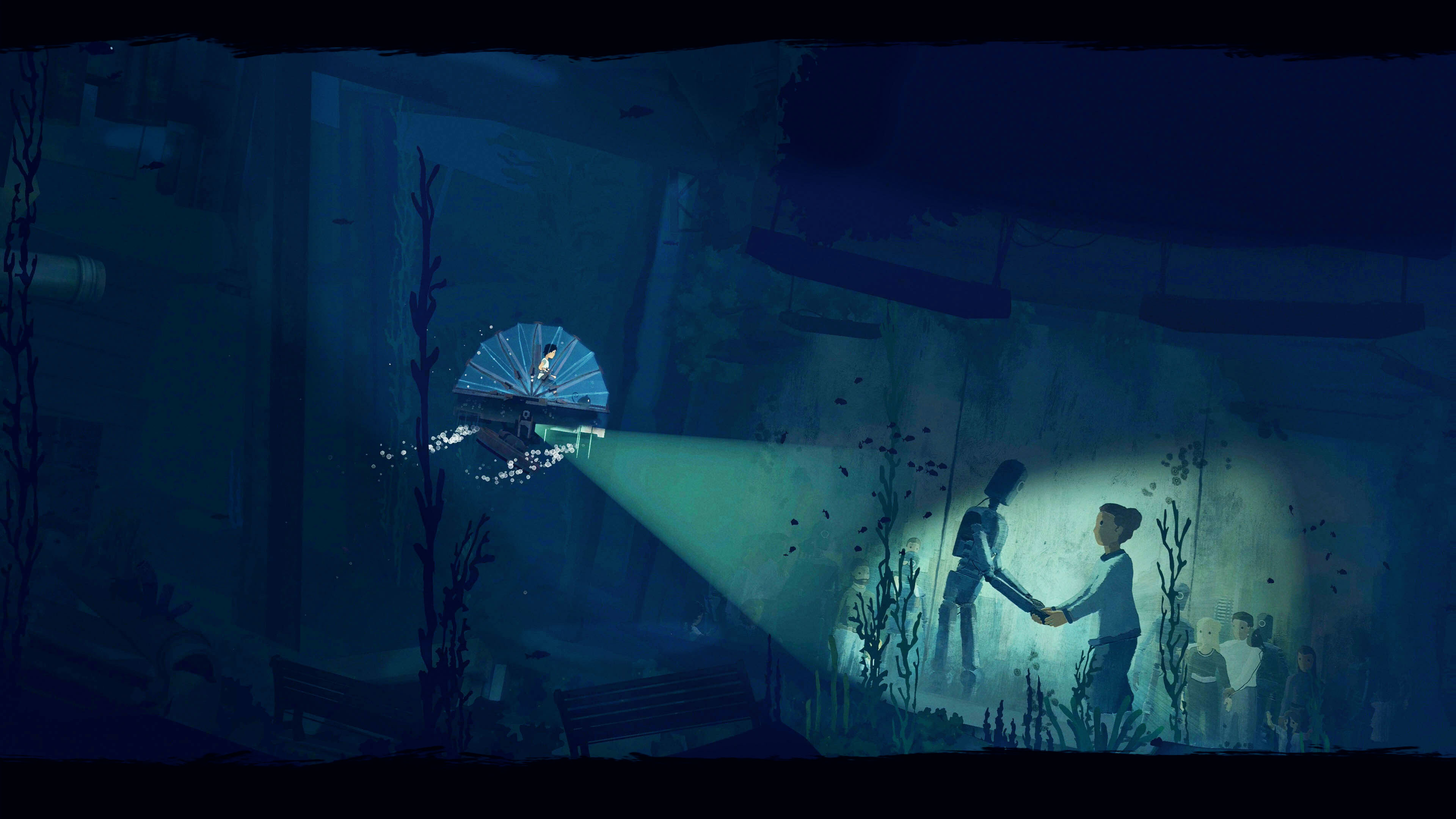 Lana is in a submarine, flashing the lights at a wall mural of a robot and a woman holding hands