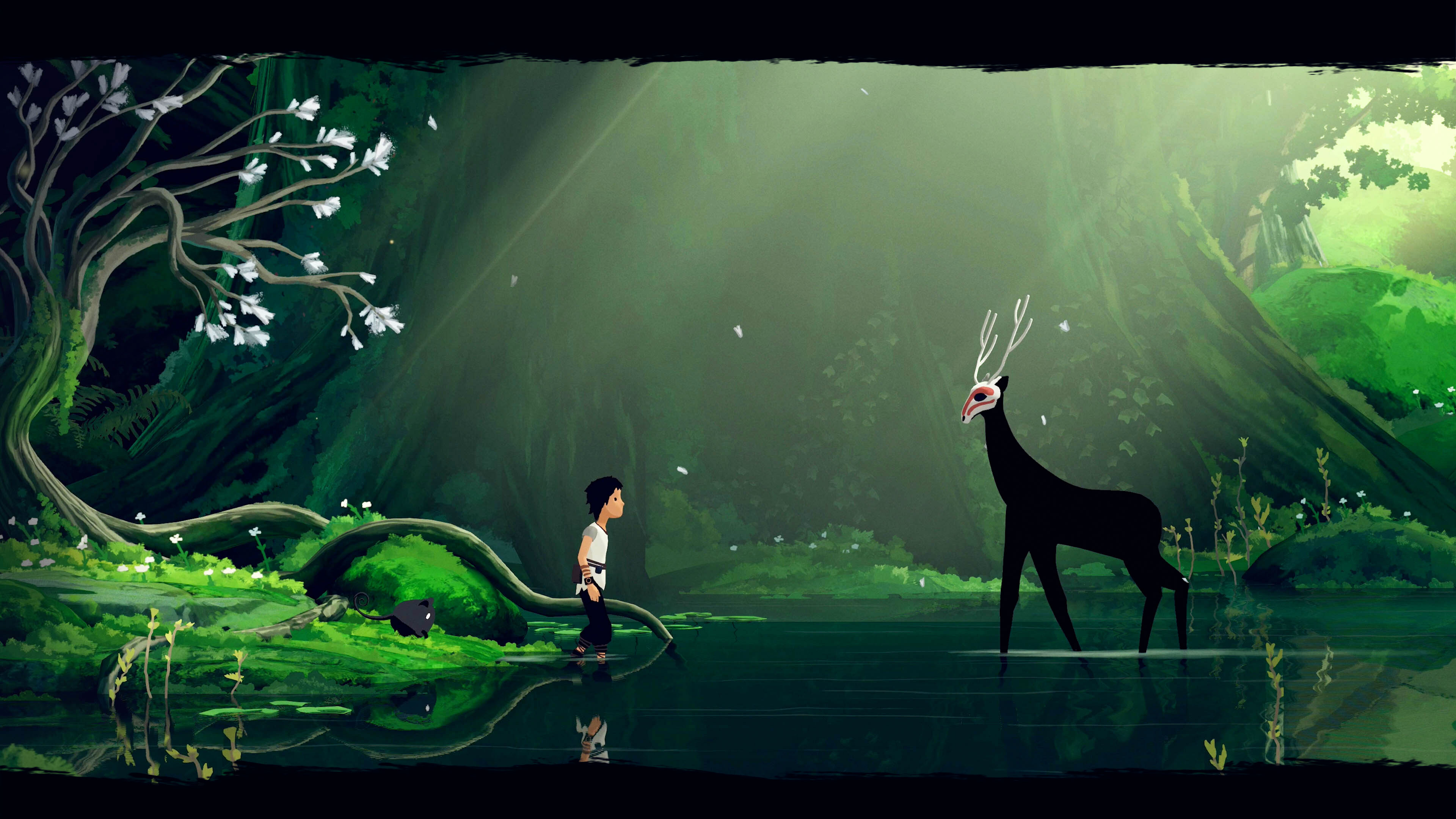 Mui and Lana runs through a beautiful green forest and a wemari deer is looking at them