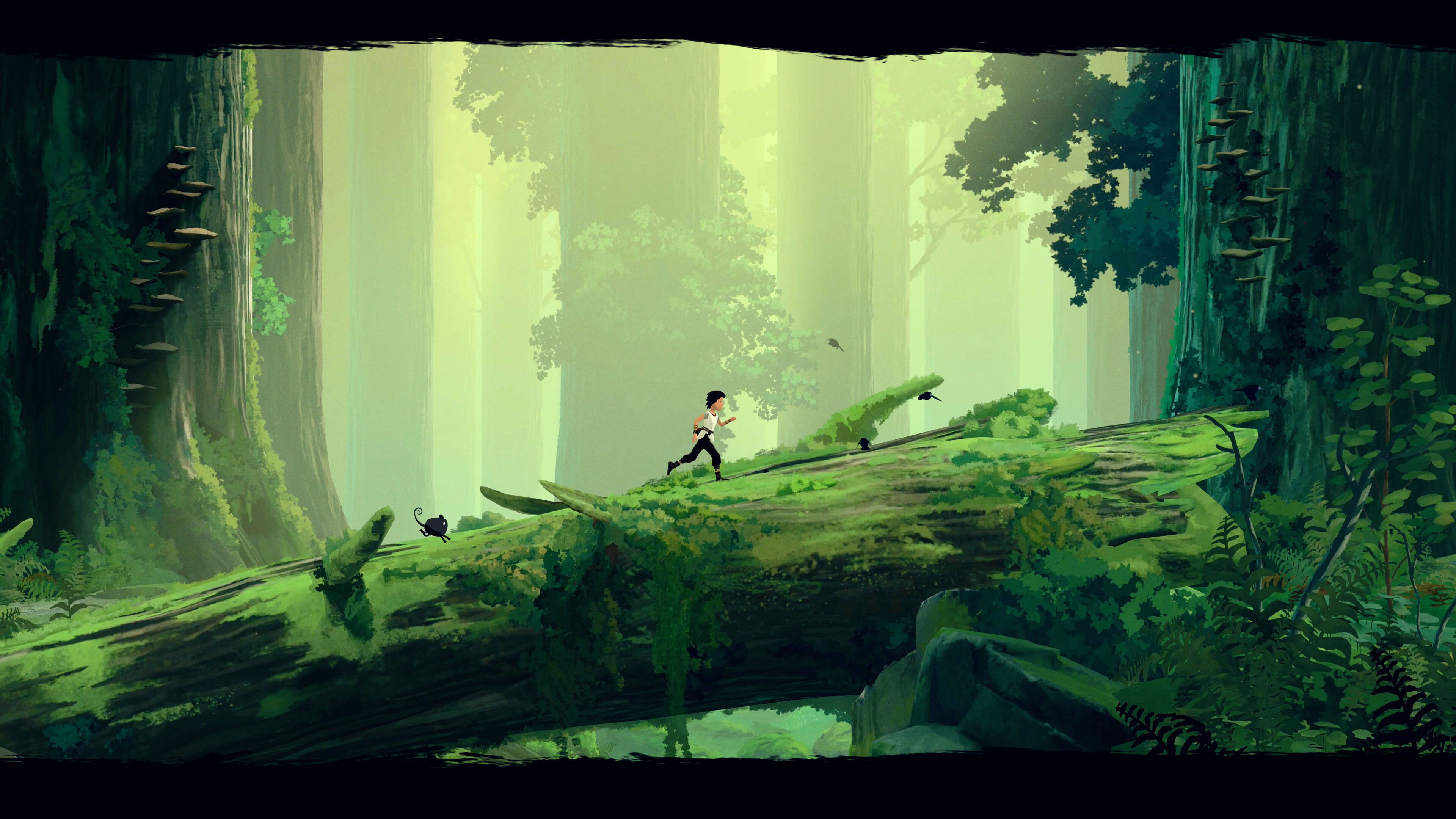 Lana and Mui are running through a forest